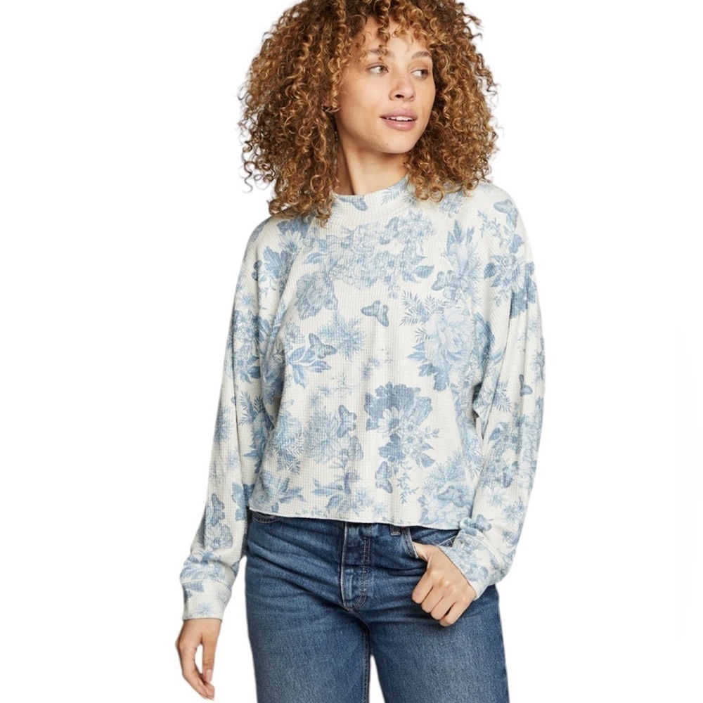 NEW CHASER Long Sleeve Cropped Mock Neck Raglan Tee Floral Thermal Size Small